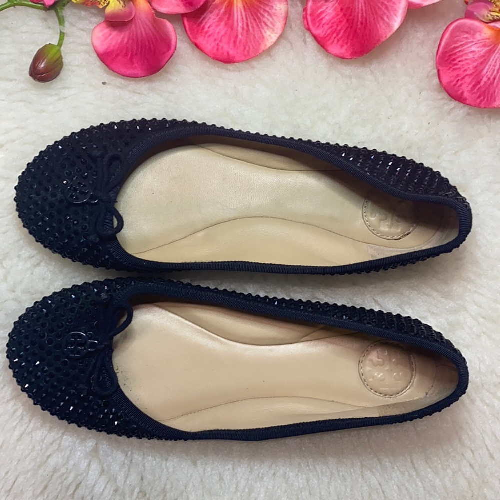 Tory Burch Solid Black Studded Ballerina Flats Bow Accent Color: Black Size: 7.5 - Picture 3 of 15